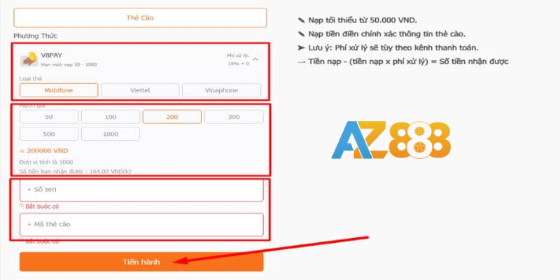 Nạp tiền AZ888 2 Gửi tiền ví game AZ888 bằng card điện thoại tiện lợi