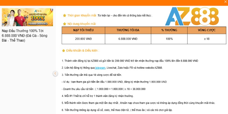 Thưởng nạp đầu AZ888 100% siêu ưu đãi dành cho người mới 1 Thưởng nạp đầu AZ888 dành cho tân thủ tặng 100% tiền gửi